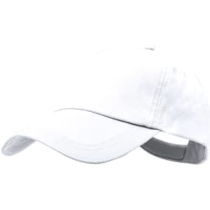 A white cap with a curved brim and an adjustable back. Features a logo on the front.