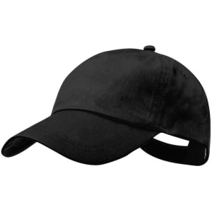 A black cap with a curved brim and an adjustable strap at the back. It features a logo on the side.