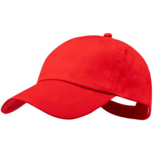 A red cap featuring a curved brim and an adjustable strap at the back, with a logo present on the front.