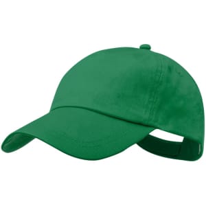 A green cap with a curved brim and an adjustable strap at the back, featuring a logo.