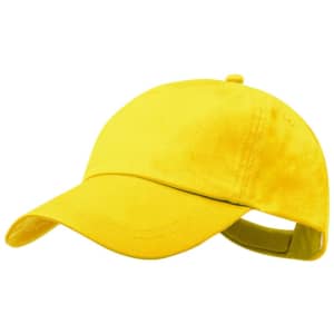 A bright yellow cap with a curved peak and an adjustable strap at the back, featuring a logo.
