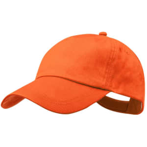 An orange cap with a curved brim, featuring a back adjustment strap and a logo. Ideal for kids' headwear.