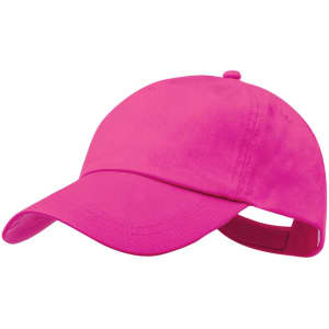 A pink cap with a curved brim and an adjustable strap at the back, featuring a logo.