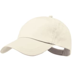 A beige cap with a curved brim and an adjustable strap at the back, featuring a logo.
