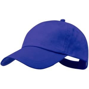 A blue cap featuring a curved brim and an adjustable strap at the back. The cap has a logo.