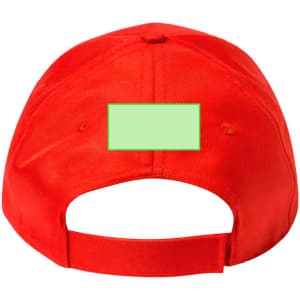 A red cap with an adjustable strap at the back, featuring a blank area for personalization.