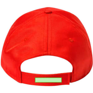 A red cap with a green adjustable strap at the back and a logo. Suitable for kids.