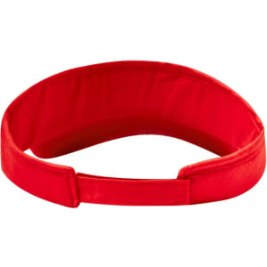 A red sun visor with a soft inner lining and an adjustable strap, featuring a logo.