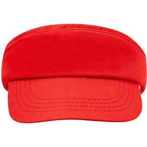 A red visor with a wide brim, featuring a solid design and a branding logo.