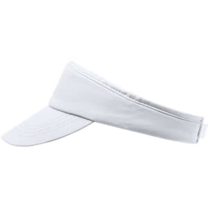 A white visor with a wide brim and adjustable band, featuring a subtle logo. Perfect for sun protection.