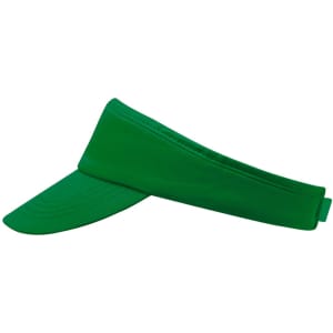 A green visor with a wide brim and an adjustable band, featuring a logo.