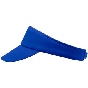 A blue sun visor with a wide brim and an adjustable band, featuring a logo on the side.