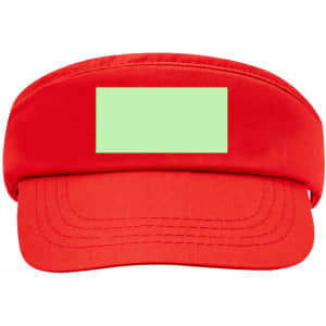 A red sun visor with a wide brim and a blank area for custom branding or text.