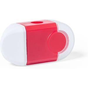 A red and white eraser with a circular end and a slot for a pencil. The product has a simple, rounded shape.
