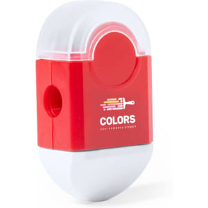 A red and white eraser with a rounded design, featuring a logo on its surface.