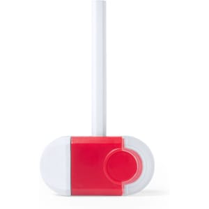 A red and white eraser featuring a rounded design and a straw-like handle. It includes a branding logo.