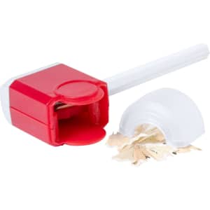 A red and white eraser with a compartment for shavings, featuring a removable lid and a pointed end.