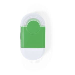 A green and white eraser with a rounded design and a logo on the surface.