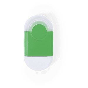 A green and white eraser with a rounded shape, featuring a logo on the side.