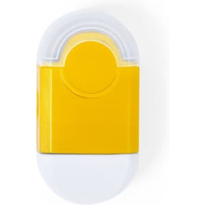 A yellow and white eraser with a rounded design and a logo on the side.