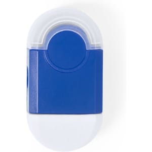 A blue and white eraser with a rounded design, featuring a branding logo on its surface.