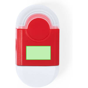 A red and white eraser with a rounded design and an area for placement, featuring a logo.