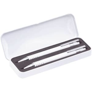 A metal pen set in a white box, featuring two white pens with silver accents. The box has a black interior.