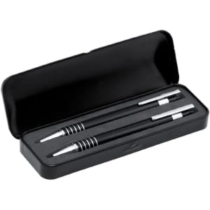 A black pen set with two metal pens in a sleek black case, featuring silver accents.