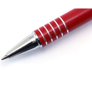A red metal pen with a polished silver tip and decorative silver bands on the grip. The pen features a logo.