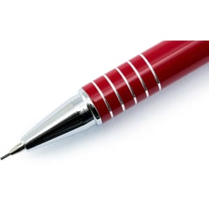 A red metal pen with a shiny silver tip and decorative silver rings on the barrel, featuring branding.
