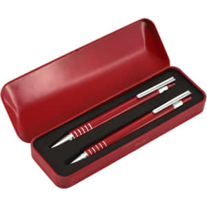 A red metal pen set displayed in a red case with a black interior, featuring two pens.