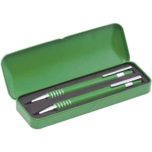 A green metal pen set contained in a matching green box, featuring two pens and a logo.