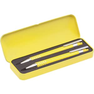 A yellow pen set featuring two metal pens, presented in a matching yellow case with a black interior.