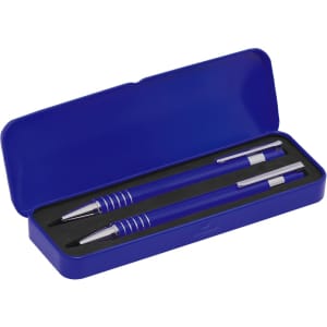 A blue pen set in a matching case, featuring two metal pens with silver accents.