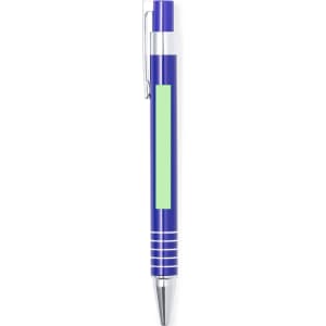 A blue metal pen with a white clip and a green accent area, featuring a logo.