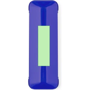 A purple metal pen case with a green insert and a logo.