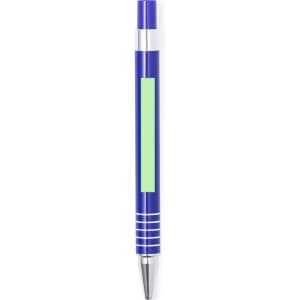 A metal pen in blue with silver accents and a green section for branding or personalisation.
