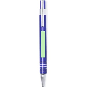 A metal pen in vibrant blue with silver accents and a logo on the barrel.