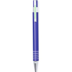A blue metal pen with a silver tip and white accents, featuring a logo on the side.