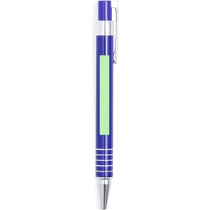 A metal pen in a vibrant blue colour with a sleek design and a branding logo.