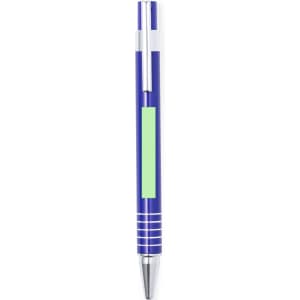 A metal pen in blue with silver accents and a logo. The pen features a sleek design and a retractable point.