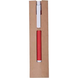 A red pen housed in a cardboard pouch, with a white clip and branding on the pouch.