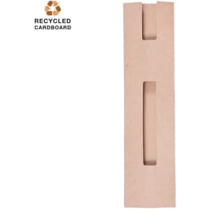 A brown recycled cardboard pen pouch featuring a slot for holding pens. Includes a logo for recycled materials.