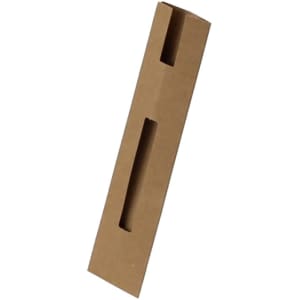 A brown cardboard pen pouch with an open slot, designed for holding pens. It features a simple, unbranded design.