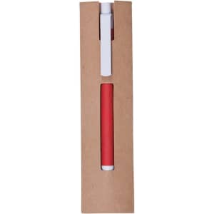 A red pen housed in a brown cardboard pouch, featuring a white clip and a branding logo.