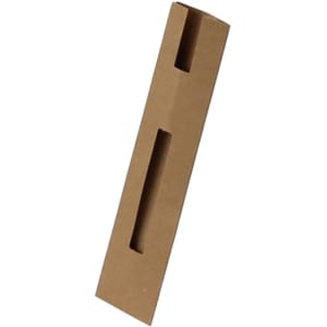 A brown cardboard pen pouch with a rectangular shape and two cut-out slots. It features a simple design and has no distinct branding.
