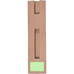A brown cardboard pen pouch with a cut-out handle and a green label area, suitable for packaging pens.