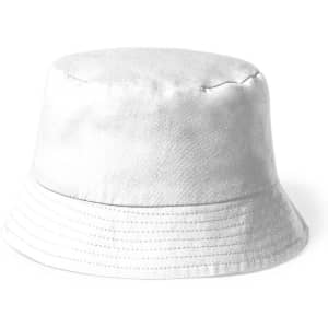 A white bucket hat with a wide brim and textured fabric, featuring a branding logo.