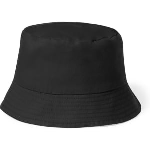 A black bucket hat with a rounded top and a wide brim, featuring a simple design and a logo.