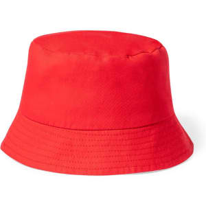 A red bucket hat with a wide brim and textured fabric. Features a logo on the side.